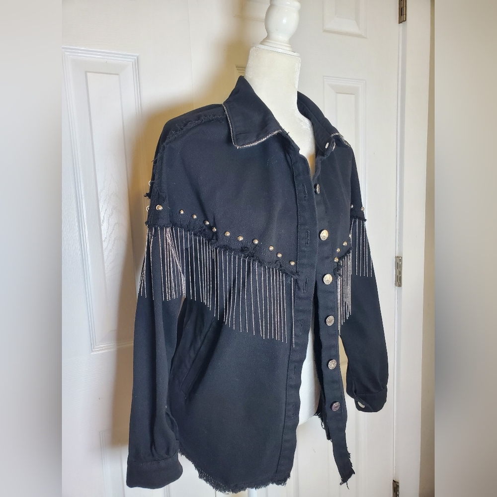 Western Black Demin Womens Metal Fringe Studded Oversized Jacket Hip Pockets